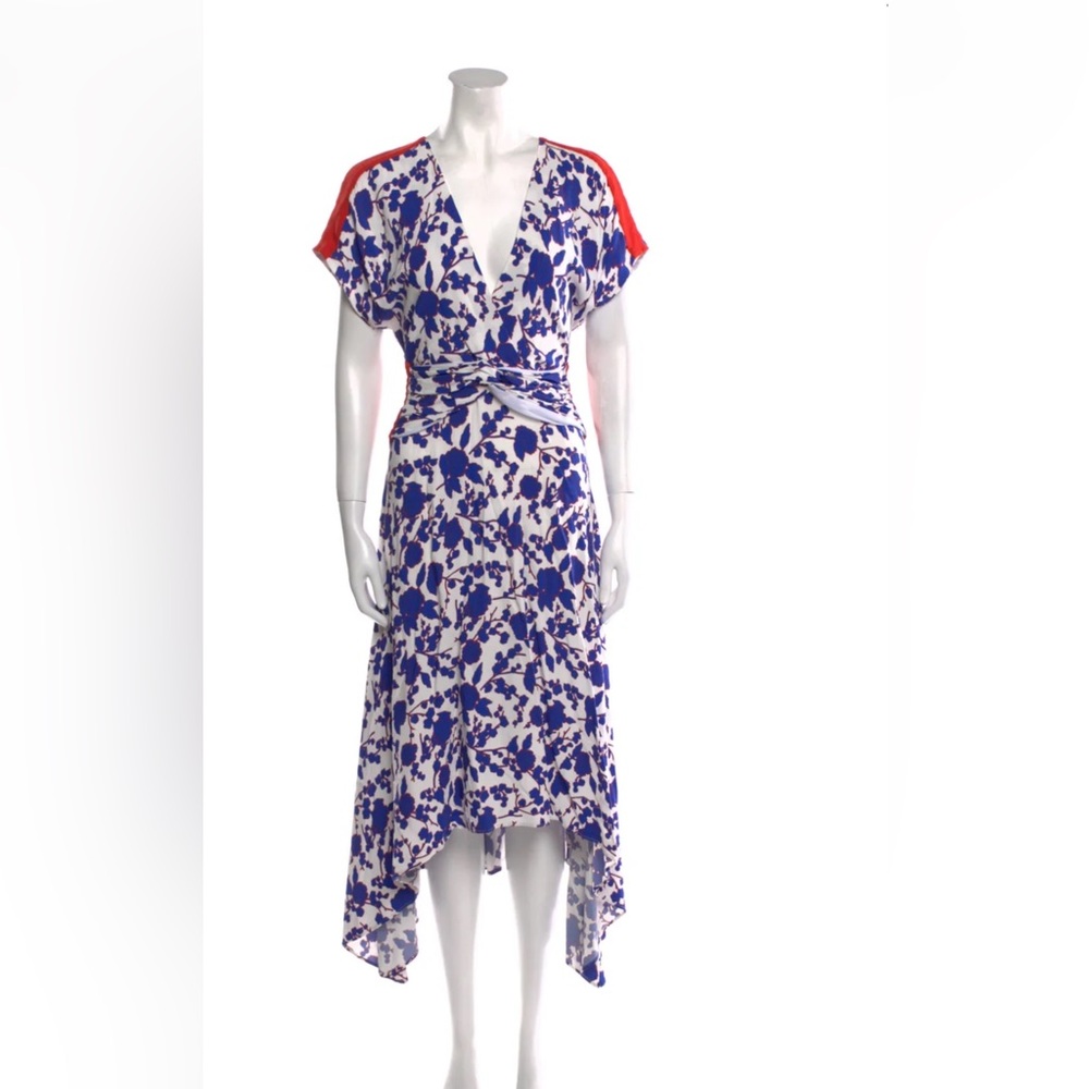 PINKO Floral Print‎ Long Asymmetrical Women’s Dress Blue White Orange Rayon SZ 8